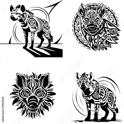 Tribal tattoo of a hyena in Polynesian style. Vector set of monochrome patterned sketches of wild African animal