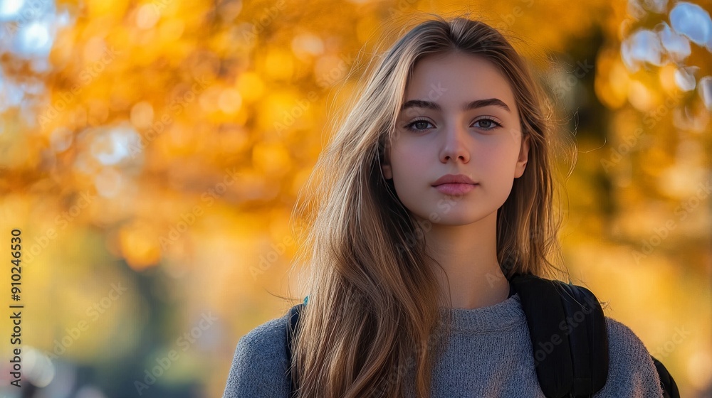 A young Caucasian woman with long hair stands in front of golden autumn leaves, capturing the essence of fall with a serene expression. A young Caucasian woman with long hair stands in front of golden autumn leaves, capturing the essence of fall with a serene expression.