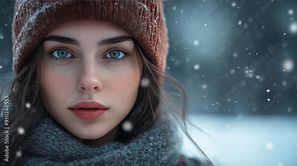 A young Caucasian woman with striking blue eyes gazes into the camera, surrounded by softly falling snow in a wintery scene. A young Caucasian woman with striking blue eyes gazes into the camera, surrounded by softly falling snow in a wintery scene.