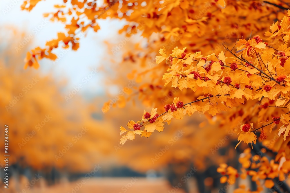 Trees with golden foliage and harvest decorations, fall splendor Trees with golden foliage and harvest decorations, fall splendor