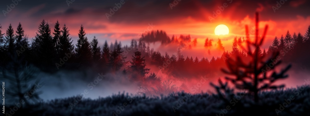 The sun sets over foggy forest trees The sun sets over foggy forest trees
