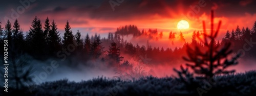  The sun sets over foggy forest trees