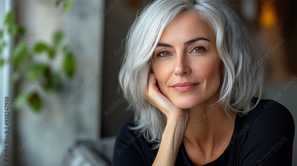 A thoughtful middle-aged Caucasian woman with silver hair rests her chin on her hand, exuding calmness and sophistication. A thoughtful middle-aged Caucasian woman with silver hair rests her chin on her hand, exuding calmness and sophistication.