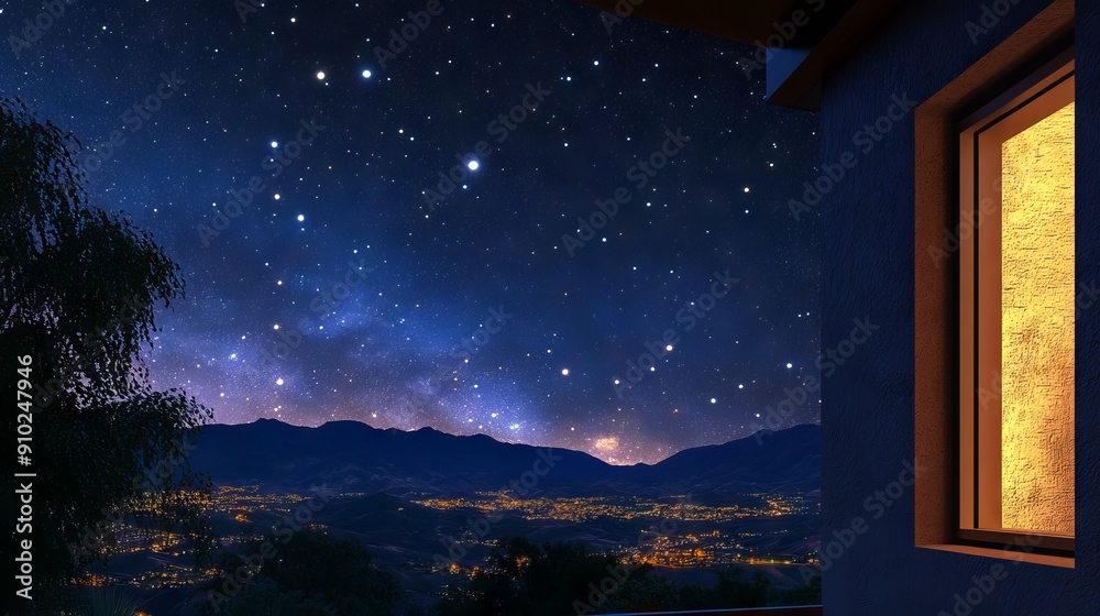 Fototapeta premium A serene night view from a cozy home, showcasing a starry sky and the shimmering city lights below.