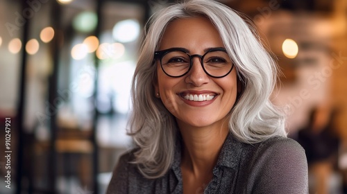 Cheerful mature woman with gray hair and glasses smiles warmly in a cozy café setting.