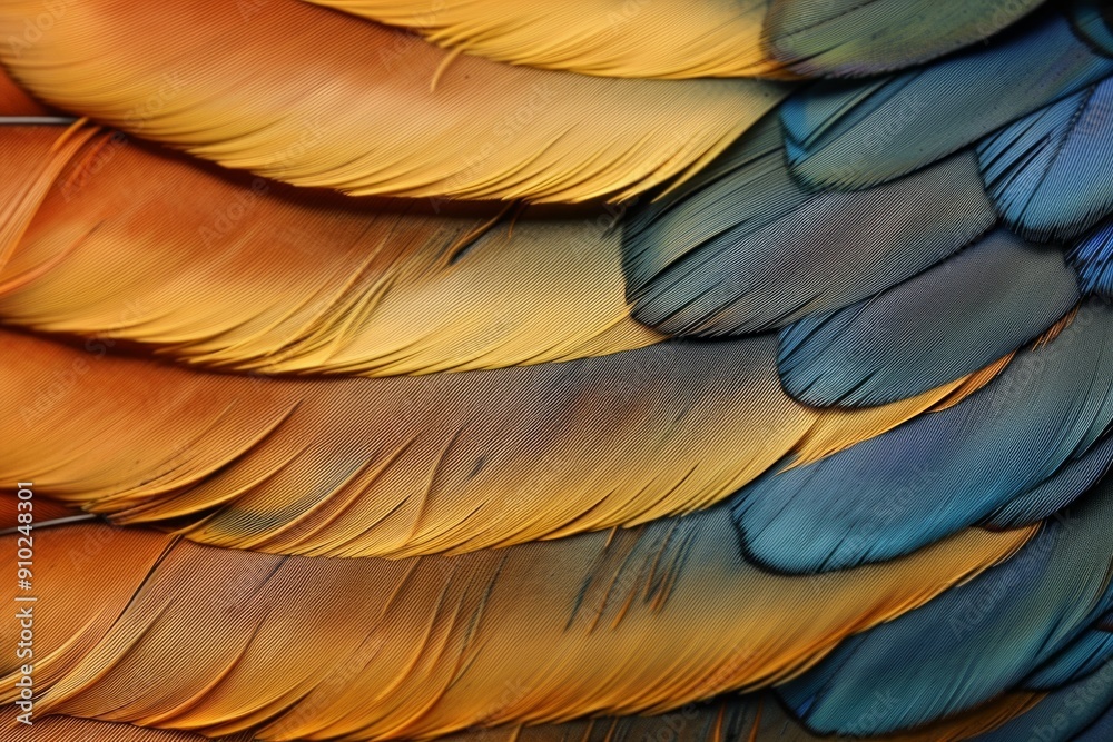Fototapeta premium Close up colorful photo of bird, chicken feathers. Shimmer colors of wing. Abstract colorful feathers background