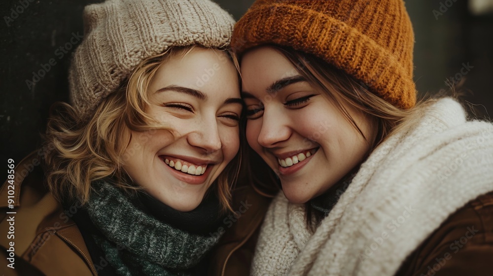 Two smiling young women, one with blonde hair in a beige beanie and the other with brown hair in an orange beanie, share a warm moment in winter. Two smiling young women, one with blonde hair in a beige beanie and the other with brown hair in an orange beanie, share a warm moment in winter.