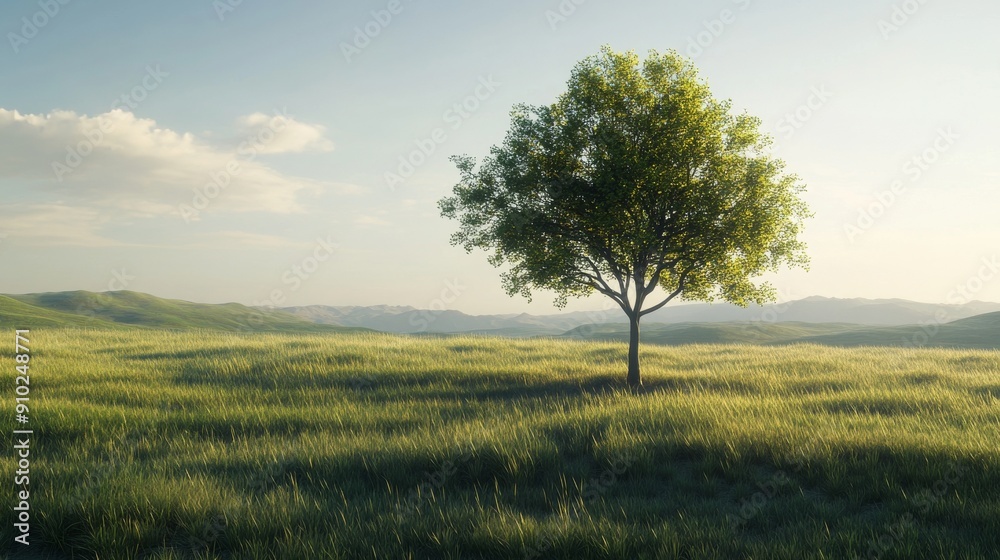 Obraz premium A solitary tree stands in a serene grassy landscape bathed in soft sunlight, creating a peaceful and calming atmosphere.