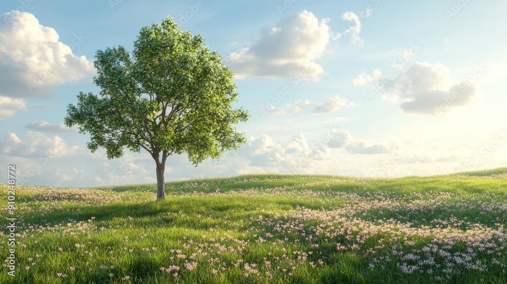 A solitary tree stands gracefully in a vibrant green meadow filled with blooming flowers under a serene sky. A solitary tree stands gracefully in a vibrant green meadow filled with blooming flowers under a serene sky.