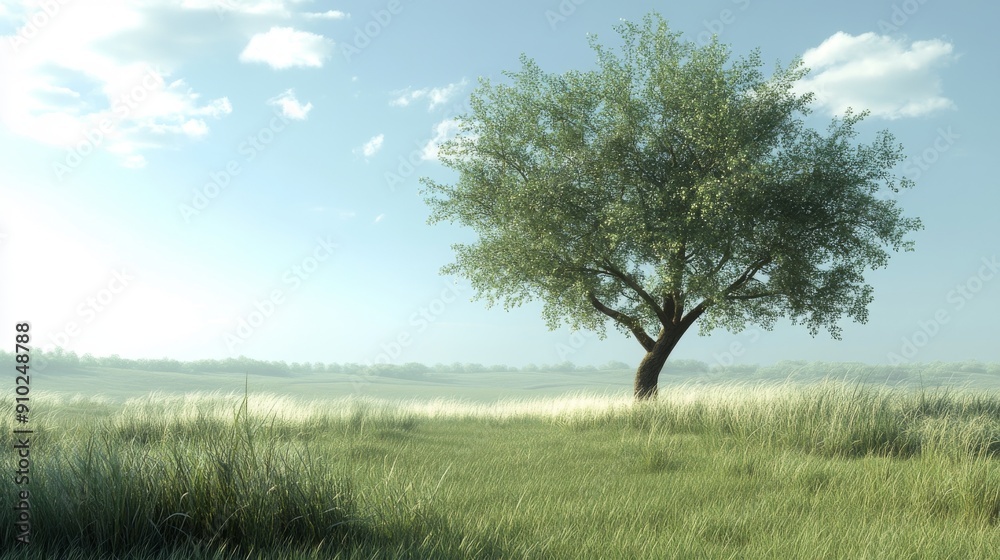A solitary oak tree stands majestically in a serene green landscape under a bright blue sky. A solitary oak tree stands majestically in a serene green landscape under a bright blue sky.