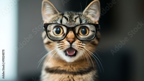 A playful tabby cat wearing glasses, looking cheerful and inquisitive with wide eyes and an open mouth.