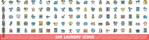 100 laundry icons set. Color line set of laundry vector icons thin line color flat on white