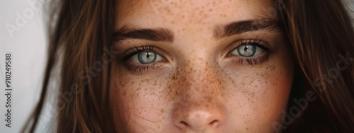  A close-up of a woman's face with freckled hair and freckled eyes (Two freckled were unnecessarily repeated, making the text redund photo