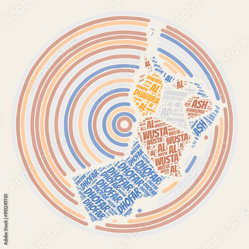Oman Round Poster. Typography style image of Country. Regions word clouds of Oman. Vintage image design with scratch texture.