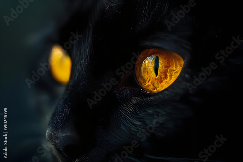 Close-up of a black cat's eye showcasing vibrant orange color and intricate details, highlighting the beauty of feline features.