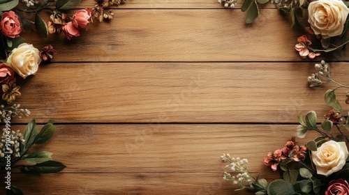 Wedding invitation with a rustic wood background and minimal floral elements in the corners, creating a charming and elegant look