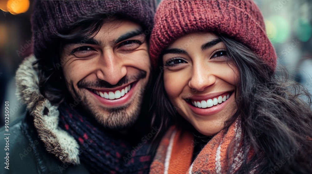 A cheerful couple, a Hispanic man and woman, smiling warmly together in cozy winter attire against a festive backdrop. A cheerful couple, a Hispanic man and woman, smiling warmly together in cozy winter attire against a festive backdrop.