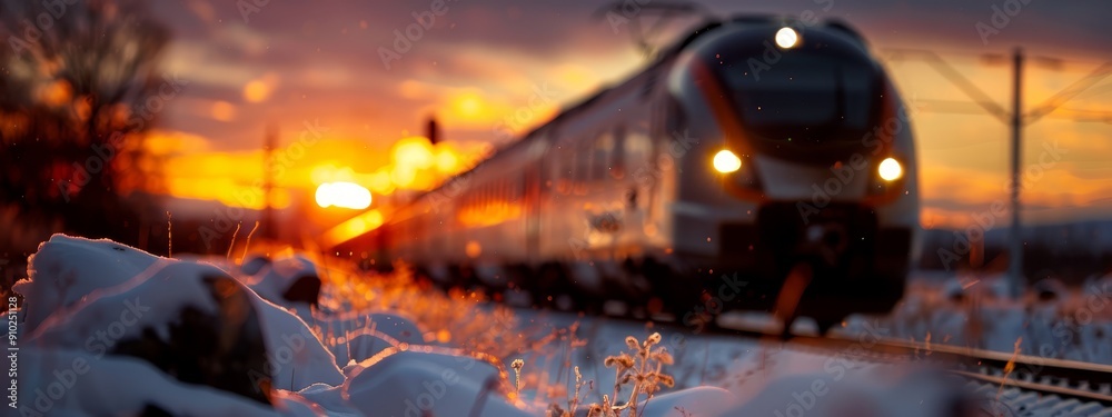 A train traverses snow-covered tracks, flanked by fields of trees and bushes A train traverses snow-covered tracks, flanked by fields of trees and bushes