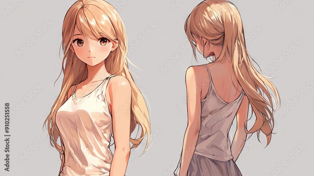 A young female character with long blonde hair, depicted in a casual attire that highlights her youthful charm and innocence. A young female character with long blonde hair, depicted in a casual attire that highlights her youthful charm and innocence.