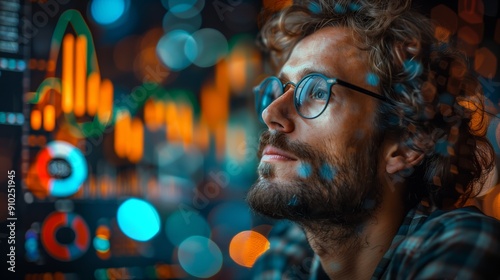 Young Man Analyzing Financial Data on a Digital Screen During Evening Hours