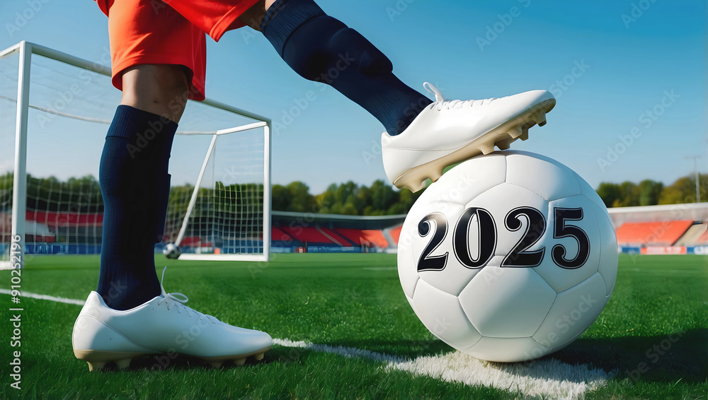 happy new 2025 year soccer themed, football background, sport concept, template, soccer field