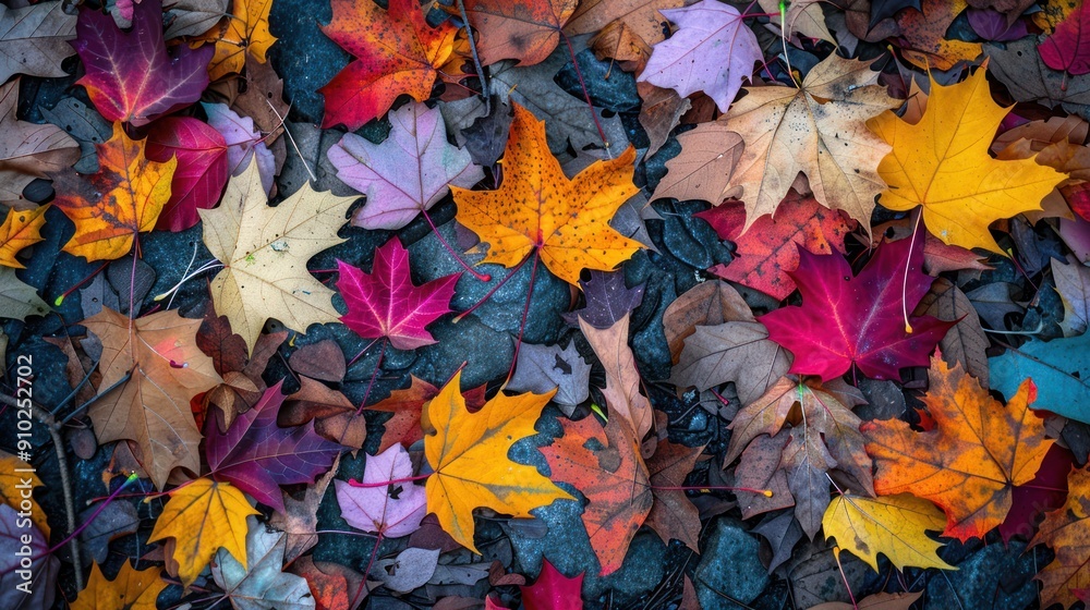 Mix of multicolored autumn leaves scattered on the ground in a forest during fall season Mix of multicolored autumn leaves scattered on the ground in a forest during fall season