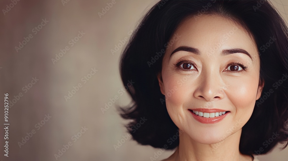 Smiling Asian woman in her 40s with natural makeup and soft hair against a blurred background. Smiling Asian woman in her 40s with natural makeup and soft hair against a blurred background.