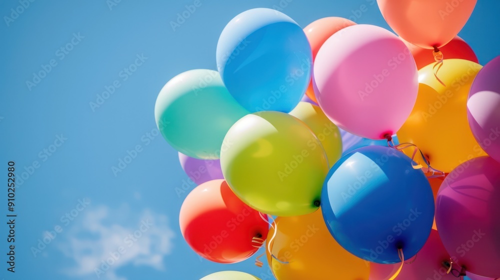 Spectrum of balloons in different colors against a clear blue sky, creating a festive atmosphere Spectrum of balloons in different colors against a clear blue sky, creating a festive atmosphere