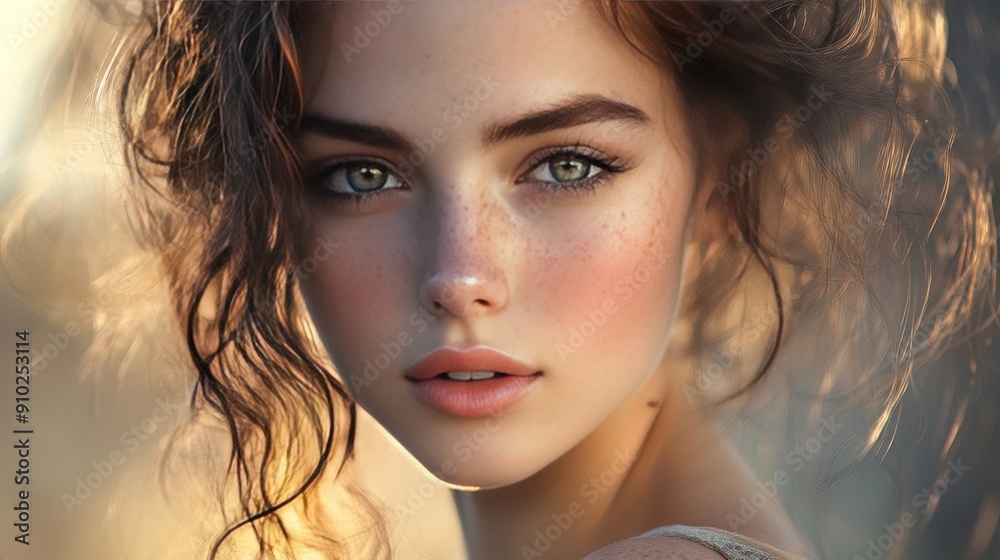A stunning portrait of a young woman with curly brown hair and striking green eyes, emanating a soft, ethereal glow.