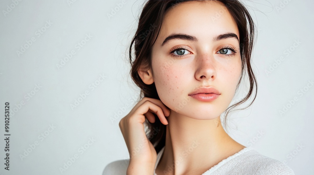 A young woman of Caucasian descent with striking blue eyes and a natural look, exuding confidence and beauty against a soft, neutral background. A young woman of Caucasian descent with striking blue eyes and a natural look, exuding confidence and beauty against a soft, neutral background.