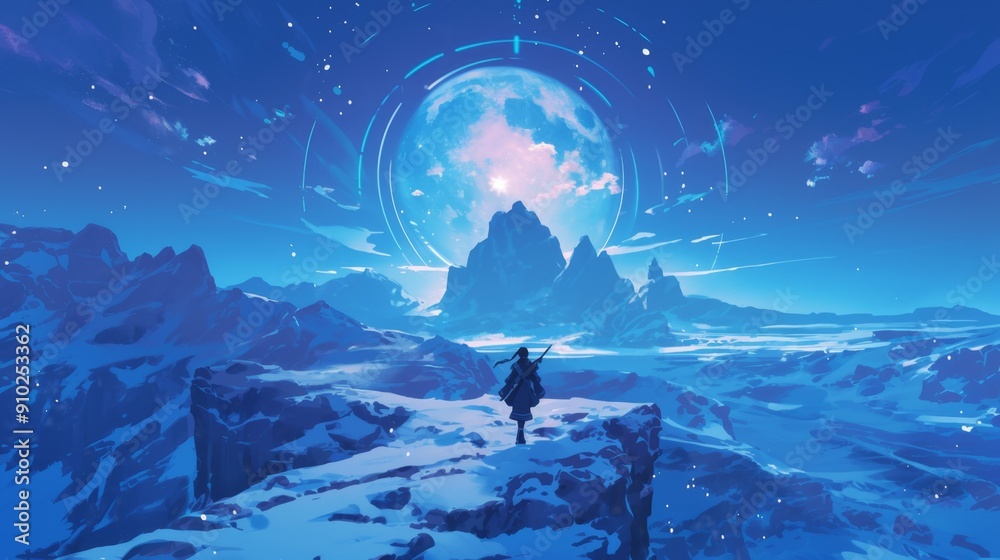 Obraz premium Enchanting Winter Night Scene: Solitary Figure on Moonlit Snowy Path. Anime-Inspired Landscape with Glittering Snow and Luminous Moon. Atmospheric 4K Wallpaper for Creative Advertising and Marketing 