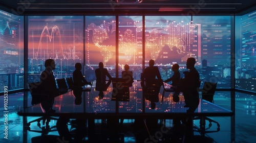 group of business people having a meeting with digital screen and city background