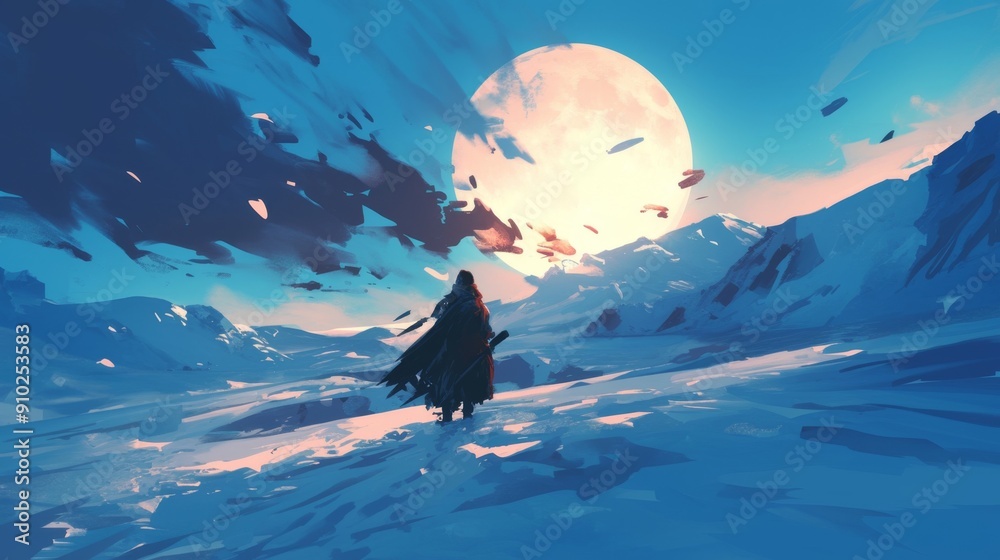 Fototapeta premium Enchanting Winter Night Scene: Solitary Figure on Moonlit Snowy Path. Anime-Inspired Landscape with Glittering Snow and Luminous Moon. Atmospheric 4K Wallpaper for Creative Advertising and Marketing 