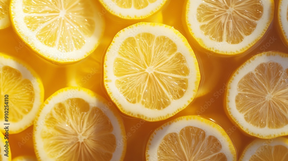 Vibrant yellow lemon slices arranged beautifully in water, showcasing their juicy interior and refreshing appeal.