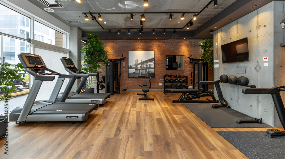 Modern Gym Interior with Treadmills and Brick Wall - Photo Modern Gym Interior with Treadmills and Brick Wall - Photo