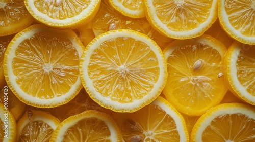 Bright yellow lemon slices arranged beautifully, showcasing their juicy interior.