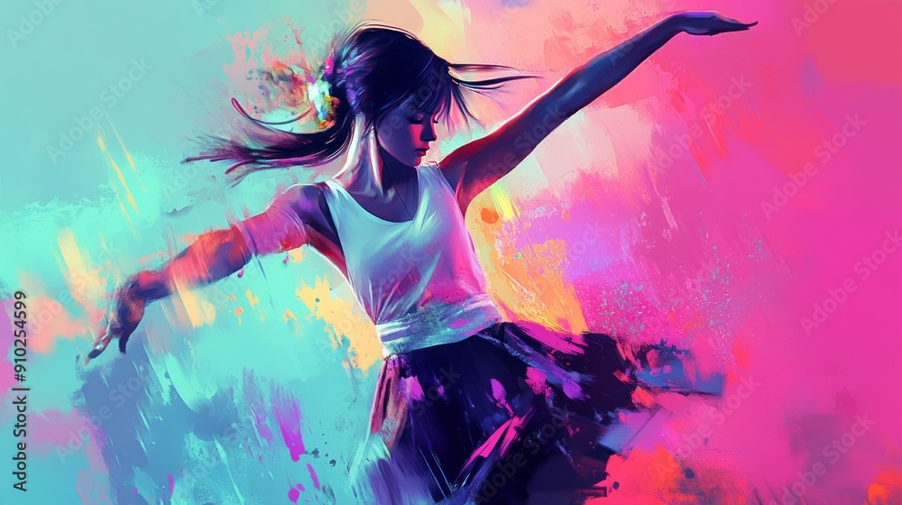 A graceful Asian female dancer in a colorful abstract background, expressing freedom and joy through movement. A graceful Asian female dancer in a colorful abstract background, expressing freedom and joy through movement.