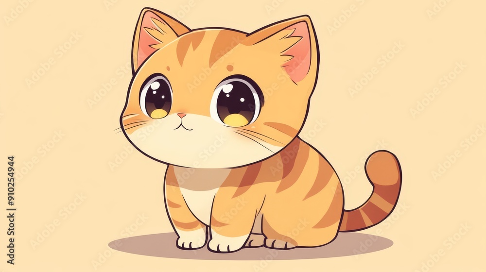 Obraz premium A cute cartoon orange tabby kitten with large sparkling eyes sitting happily.