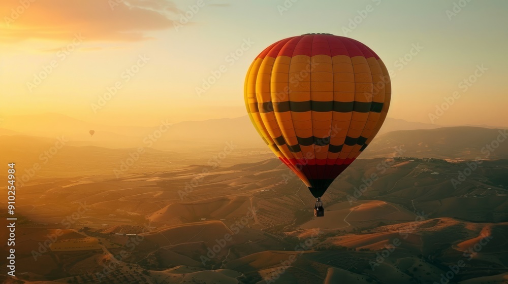 Hot Air Balloon Soaring Over Golden Hills at Sunset Hot Air Balloon Soaring Over Golden Hills at Sunset