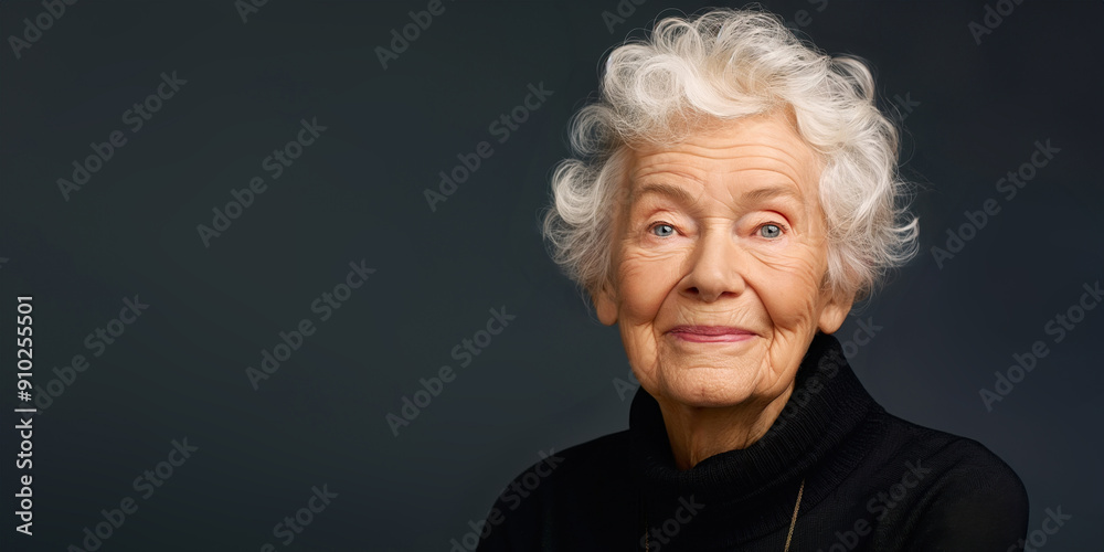 Portrait of an elderly European woman with curly white hair, wearing a black turtleneck, smiling warmly against a dark background. Concept of wisdom, age, and positivity. Portrait of an elderly European woman with curly white hair, wearing a black turtleneck, smiling warmly against a dark background. Concept of wisdom, age, and positivity.