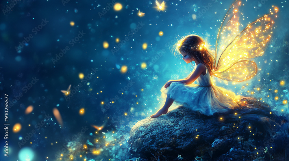 A young fairy angel sits on a rock, glowing fireflies surrounding her against a blue backdrop. A young fairy angel sits on a rock, glowing fireflies surrounding her against a blue backdrop.
