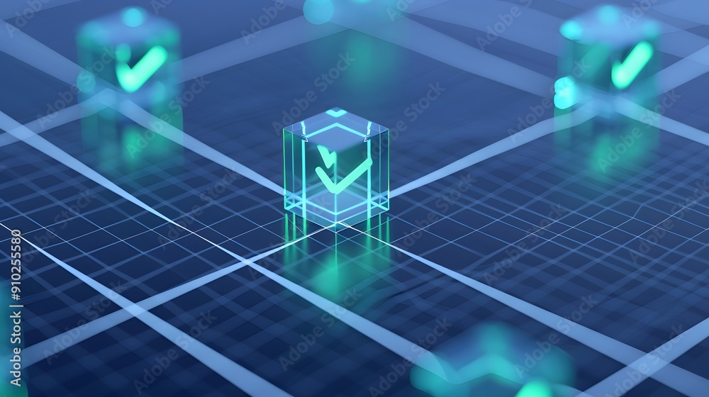 Obraz premium Abstract blockchain technology concept with glowing checkmarks on a grid. Digital data security and decentralized system illustration.