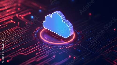 Abstract 3D rendering of a glowing cloud symbol on a digital circuit board, representing cloud computing and data storage technology.