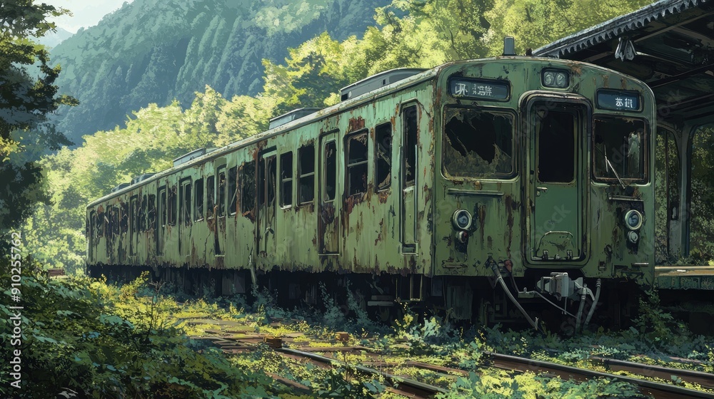 Anime style depiction of an abandoned train, capturing the eerie beauty and serene decay. Anime style depiction of an abandoned train, capturing the eerie beauty and serene decay.