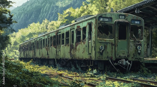 Anime style depiction of an abandoned train, capturing the eerie beauty and serene decay.
