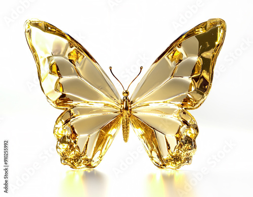 Elegant, shiny golden yellow crystal butterfly on a white background.	