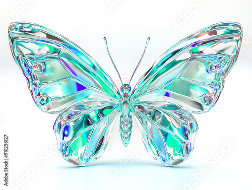 Elegant, shiny teal green crystal butterfly on a white background.	