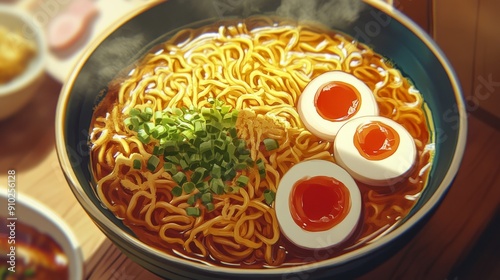 Delicious bowl of ramen featuring steaming noodles, three soft-boiled eggs, and green onions, evoking warmth and comfort. photo