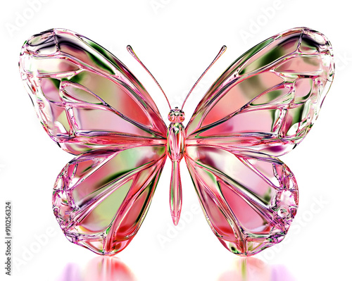 Elegant, shiny pink crystal butterfly on a white background.	