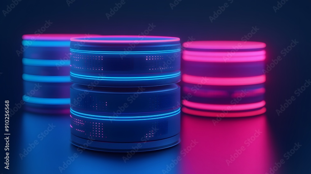 Abstract neon data servers in blue and pink glowing lights, representing futuristic data storage and technology infrastructure. Abstract neon data servers in blue and pink glowing lights, representing futuristic data storage and technology infrastructure.